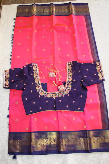 Pink and Navy blue vintage Kanchivaram Saree