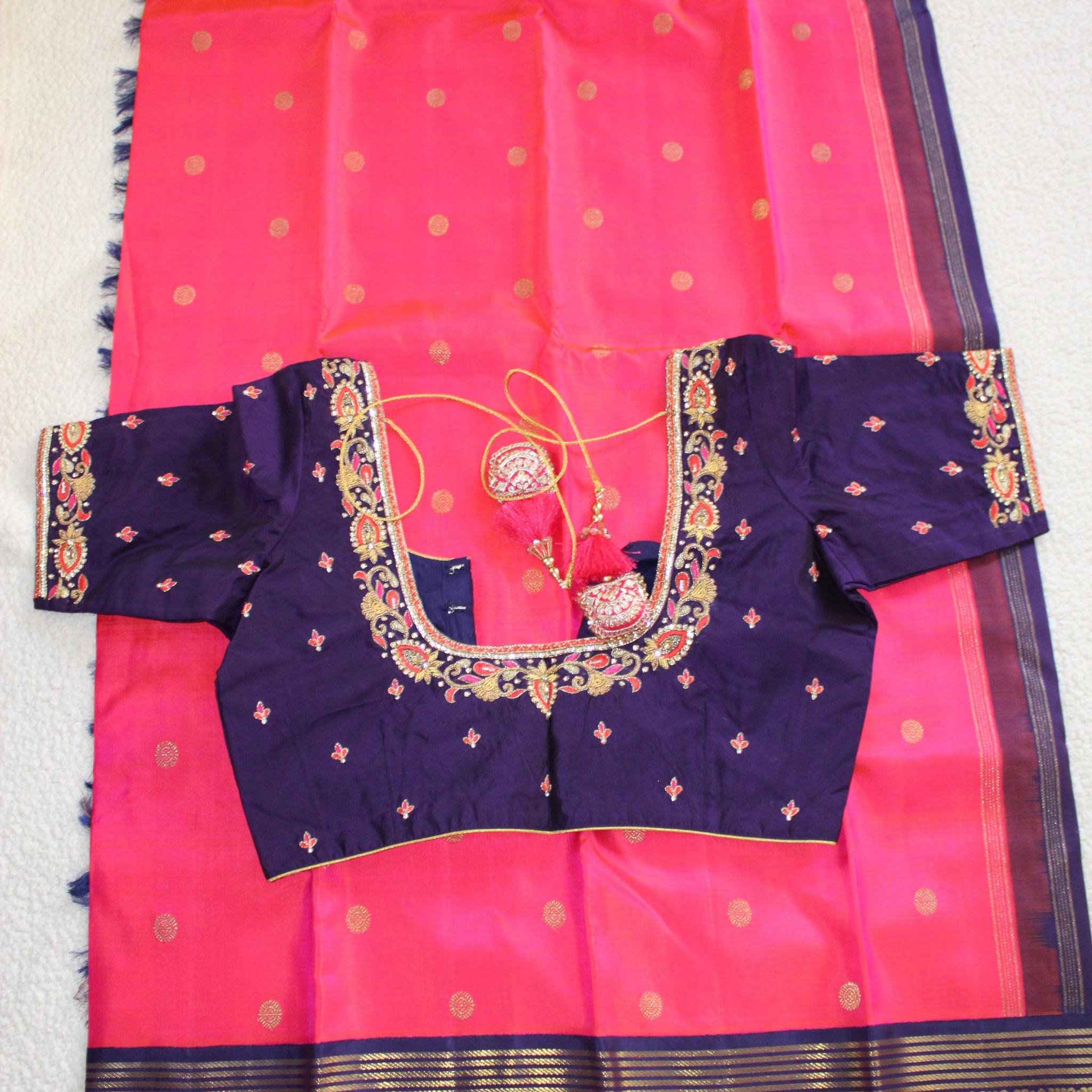 Pink and Navy blue vintage Kanchivaram Saree
